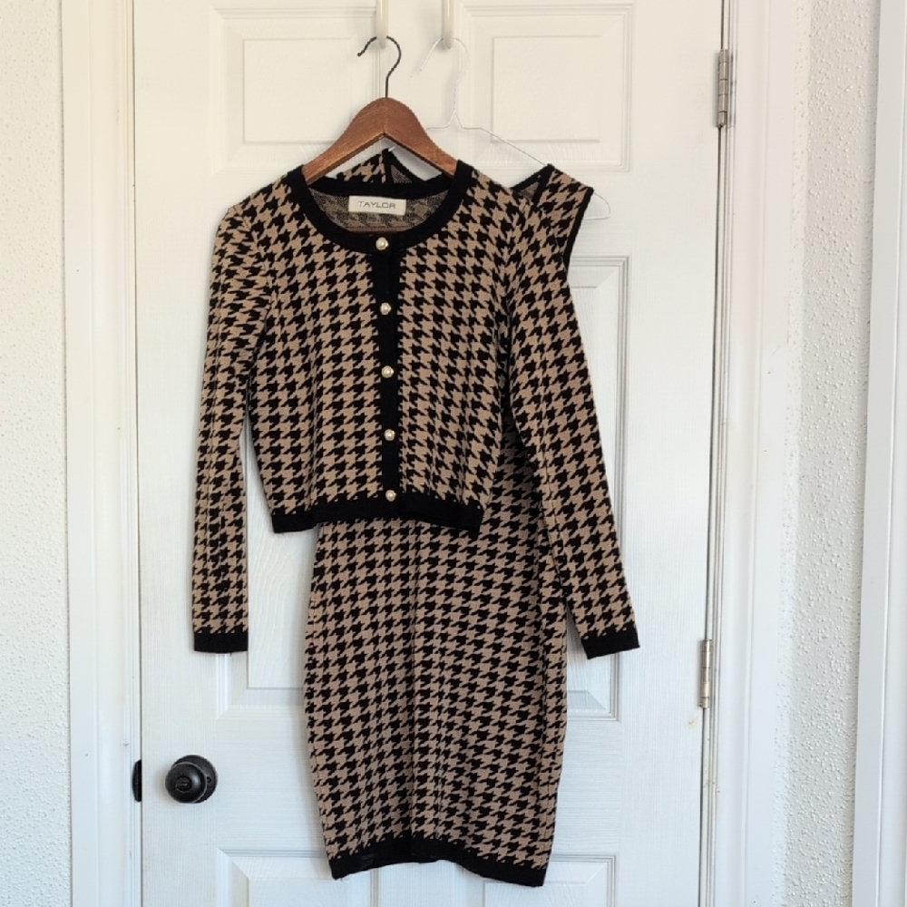 Taylor Black and Beige Houndstooth Knit Cardigan & Skirt Set